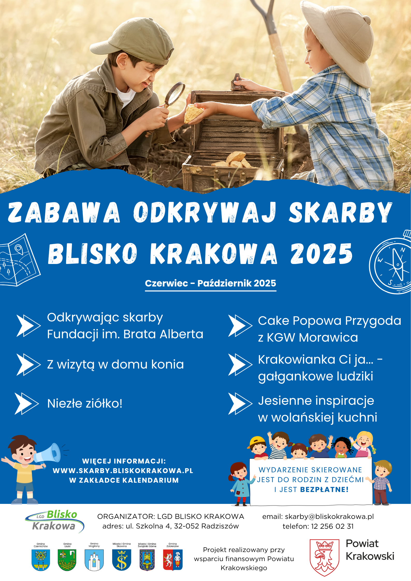 Plakat przedstawiający program tegorocznej zabawy Odkrywaj Skarby Blisko Krakowa
